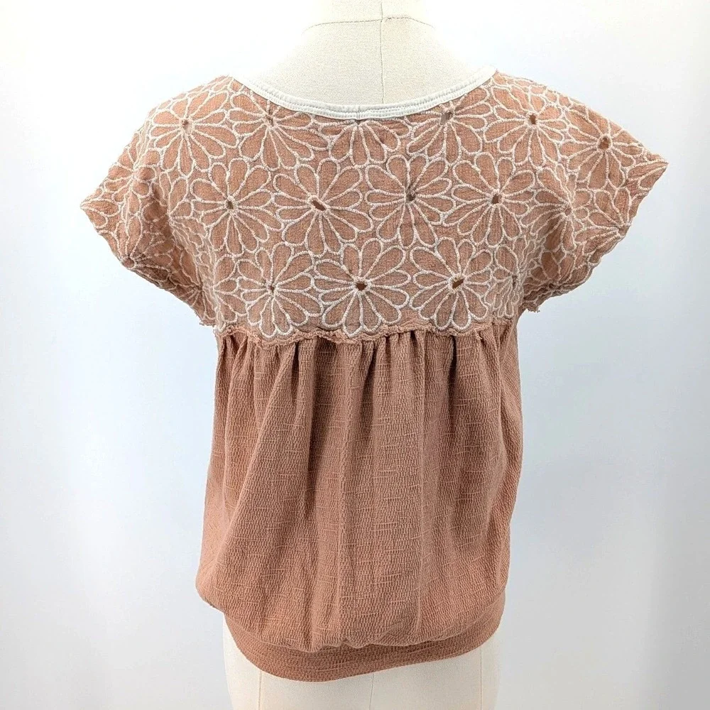 Boho Floral Lace Blouse Peach Gauze Top Free People XS Banded Hem Soft‎ Summer